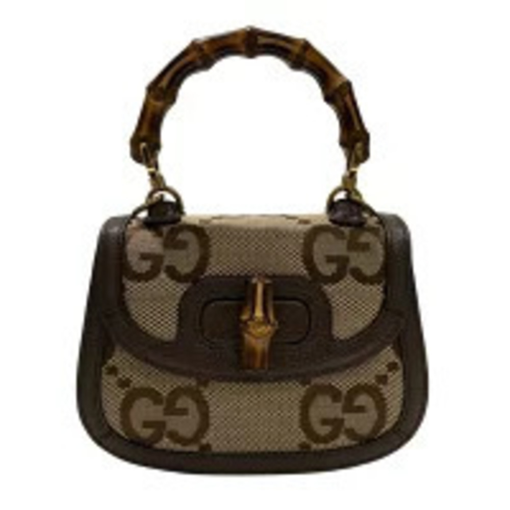 Gucci Bag Shoulder GG Bamboo Handle Leather Straps Canvas Jumbo Top Black